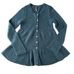 Free People Teal Ruffle Crochet Cardigan Wool Blend Sweater Medium Peplum Button